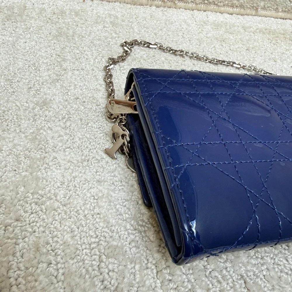 Christian Dior Wallet on Chain in Navy Patent Leather Full Set